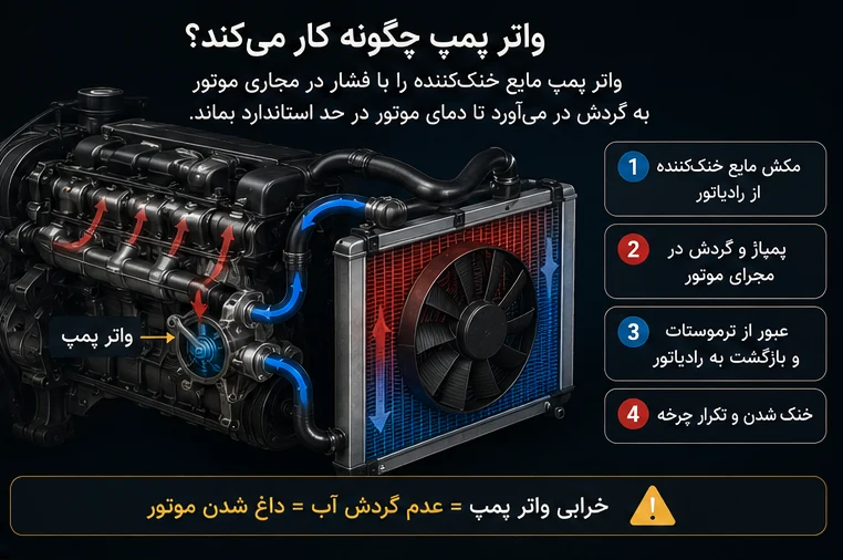 نمودار نحوه کار واتر پمپ خودرو: مکش مایع خنککننده از رادیاتور، پمپاژ در مجاری موتور، عبور از ترموستات و بازگشت به رادیاتور برای خنک شدن