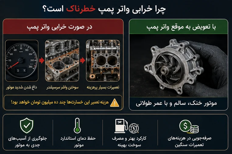 مقایسه پیامد خرابی واتر پمپ با تعویض بهموقع: داغ شدن شدید موتور، سوختن واشر سرسیلندر و تعمیرات پرهزینه در برابر موتور خنک و سالم با عمر طولانی
