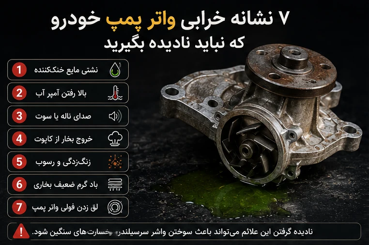 اینفوگرافیک ۷ نشانه خرابی واتر پمپ خودرو: نشتی مایع خنک‌کننده، بالا رفتن آمپر آب، صدای ناله یا سوت، خروج بخار از کاپوت، زنگ‌زدگی و رسوب، باد گرم ضعیف بخاری و لق زدن فولی واتر پمپ
