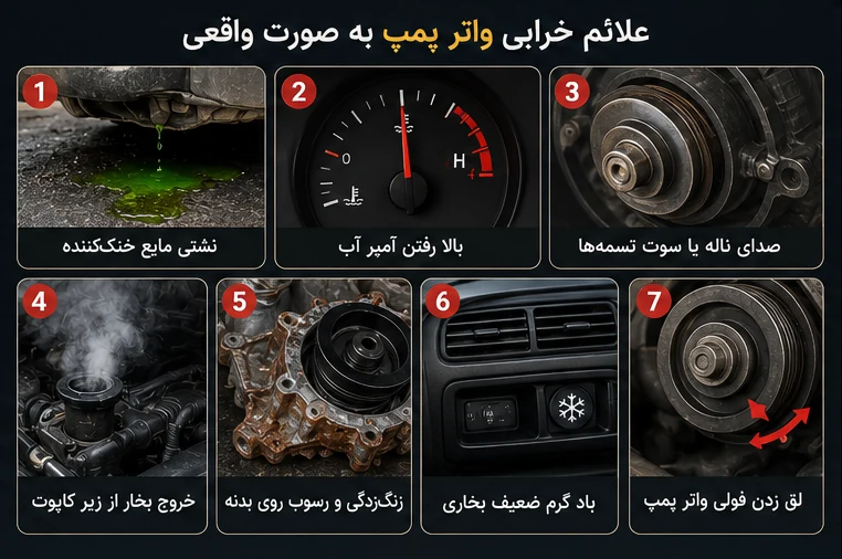 تصاویر واقعی علائم خرابی واتر پمپ: نشتی ضدیخ سبز زیر خودرو، عقربه آمپر آب در ناحیه قرمز، پولی و تسمه فرسوده، خروج بخار از زیر کاپوت، رسوب و زنگزدگی روی بدنه پمپ، دریچه بخاری با باد گرم ضعیف و لق زدن فولی واتر پمپ